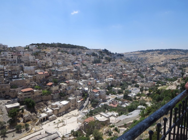 View from the shoulder of the hill looking down towards the Kidron Valley and the spring which supplied the earliest and subsequent settlements.